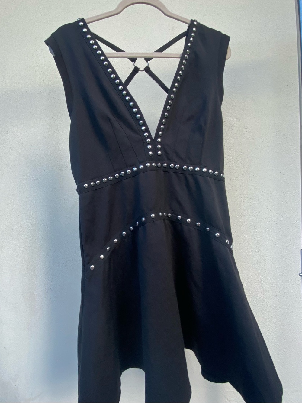 Free People Black Silver Studded V-neck Skater Mini Dress Size Large
